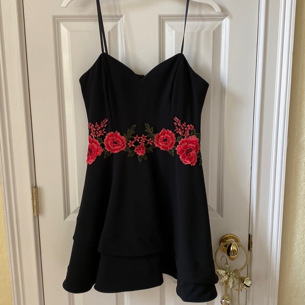 B.Darlin black spaghetti strap skater dress with embroidered roses at waist